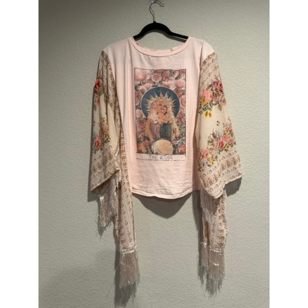 Upcycled Blue Velvet Dolly Parton The Star Top Floral Fringe Kimono O/S